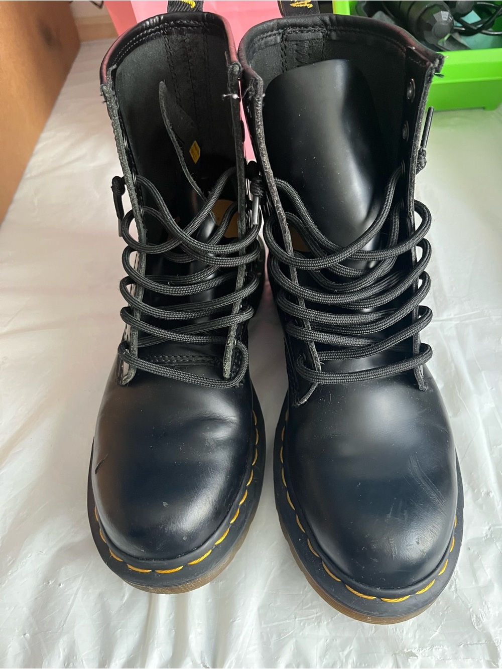 Dr. Martens Black Leather Lace-Up Combat Boots with Yellow Stitching